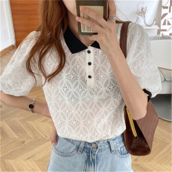 

french style vinatge sweet girl summer shirts for ladies elegant fashion hollow out lace up shirts 2020 solid sweet blouses, White