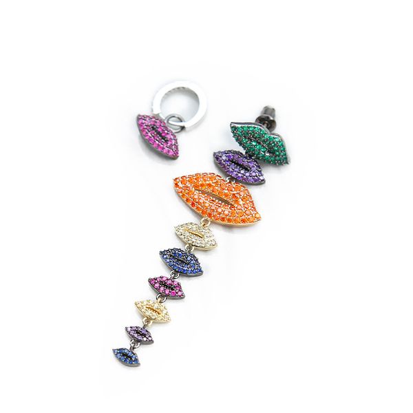 

European and American fashion creative asymmetric lips Necklace lips Earrings S925 silver needle color Zircon Earrings Necklace