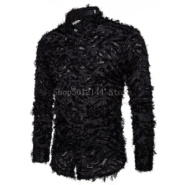 

fashion feather long sleeve dress shirt men 2020 brand new mens dress shirts nightclub party black shirt male chemise homme, White;black