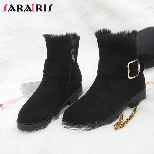 

sarairis elegant female black fashion fur decoration boots 2020 zipper low heels boots women metal buckle ankle shoes woman