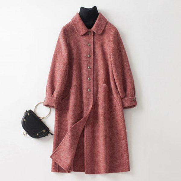 

2019 new high grade double-sided woolen coat in long wool coat doll collar fashion red a-line loose woolen s-l as170, Black