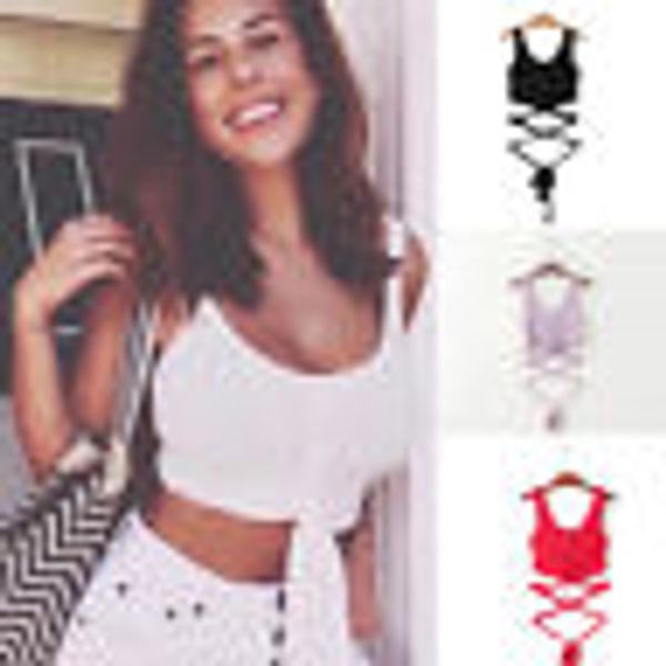 

women summer bandage t-shirt sleeveless knitted tank slim sportwear vest crop female t-shirt, White