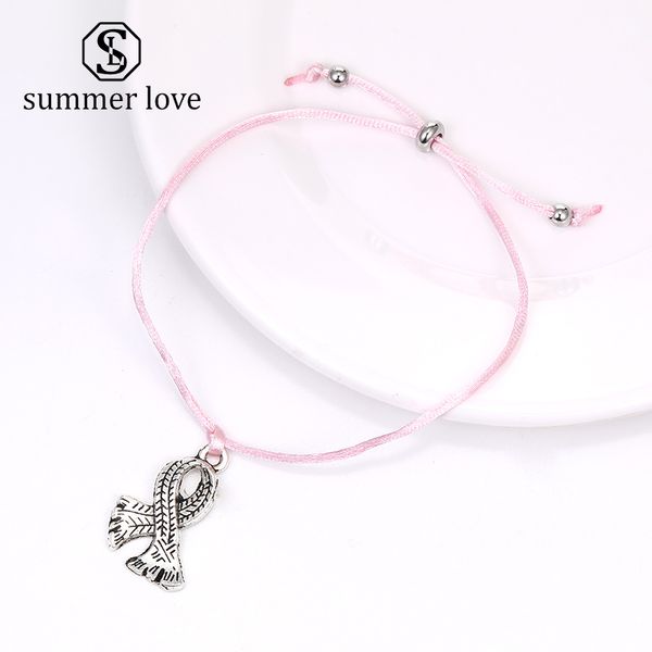 

women fashion pink ribbon breast cancer awareness charm bracelet pink braided rope pendant bracelet with make a wish card jewelry gift, Black