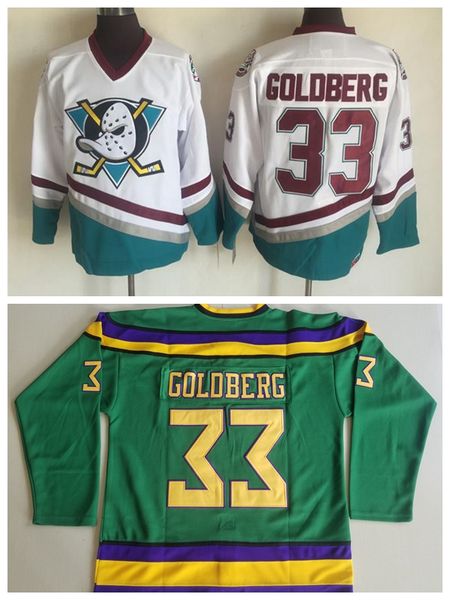 

movie ice hockey 33 greg goldberg anaheim ducks jersey men 1993 vintage the mighty ducks all stitched team color green away white sport, Black