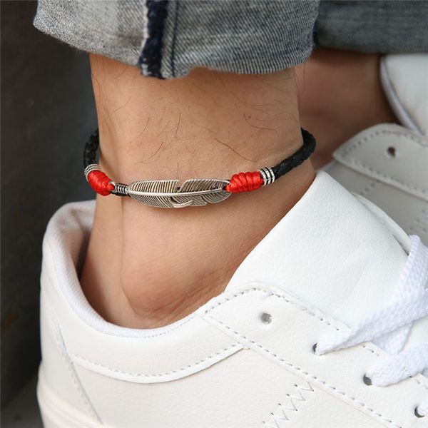 

adjustable new simple handmade leaf anklets woven rope lucky foot bracelet for women men jewelry, Red;blue