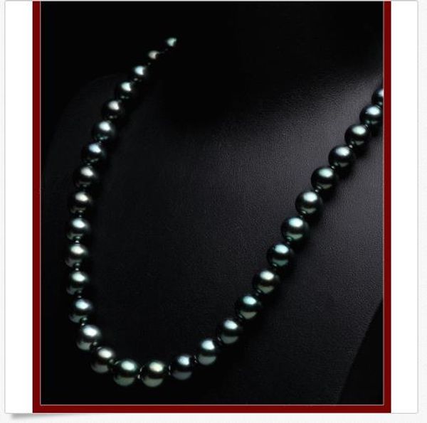 

aba stunning round 10-11mm tahitian black green pearl necklace 18inch 14k, Silver