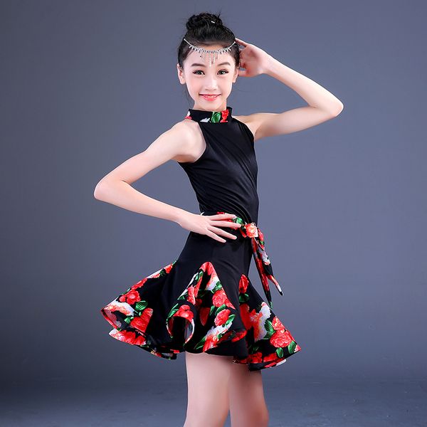 

floral flower ballroom latin dance dress girls kids dresses competition children salsa tango rumba samba for practice skirts set, Black;red