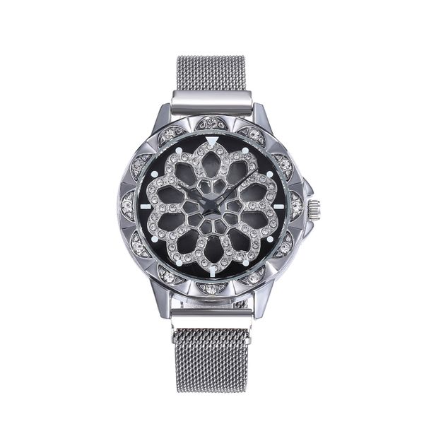 

women analogue quartz watch fashion unique design hollow flower diamond waterproof watch with rotating diamond dial #ss50, Slivery;brown