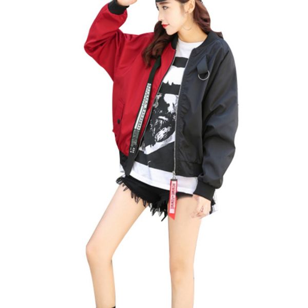 

casual bomber patchwork jacket women two tone patch back autumn jackets letter ribbon zip up jackets for women, Black;brown