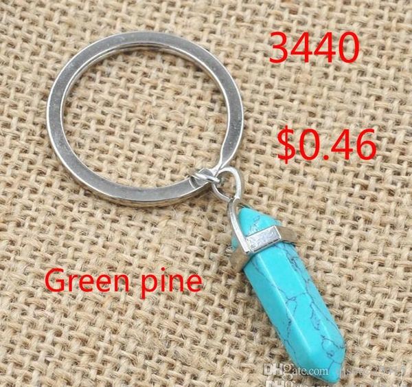 

5 colors hexagon prism natural stone pendant key rings point chakra healing bullet shape crystal keychain jewelry for women men, Slivery;golden