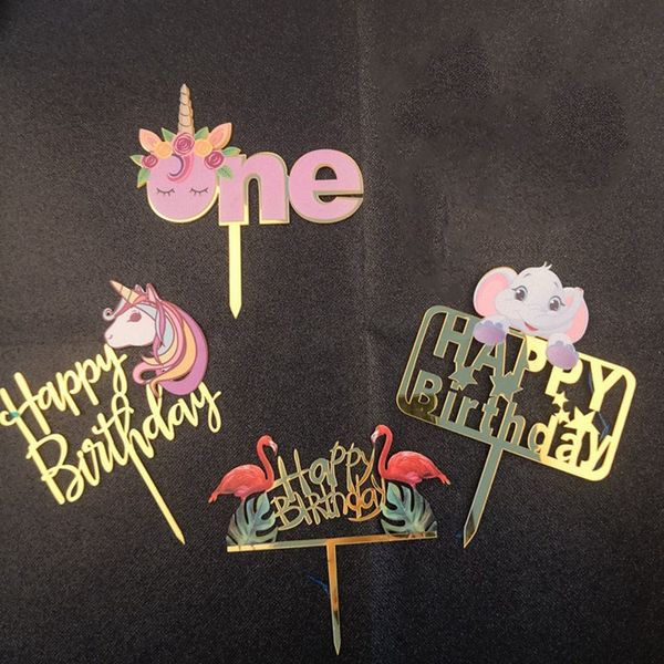 

colourful unicorn flamingo elephant flower "happy birthday" cake er for party decoration acrylic cake insert