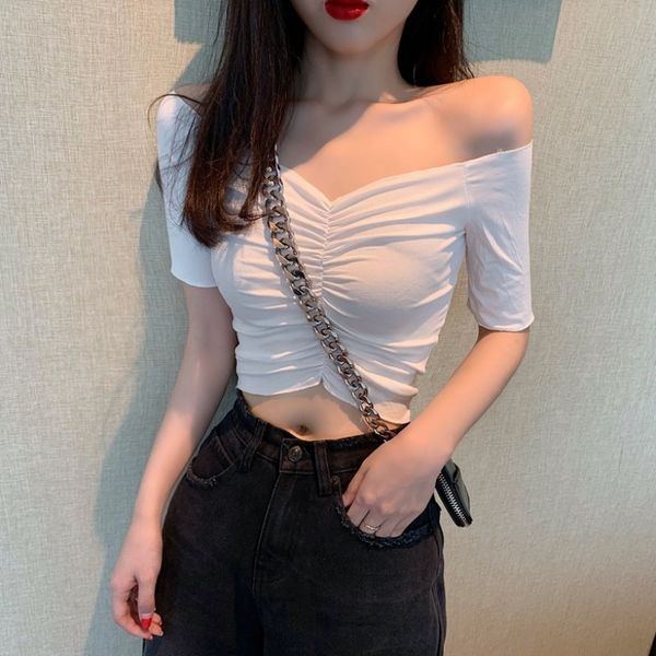 

2020 чувства конструкция v-образного вырез короткая линии воротник футболка футболка плечо подвергается тонкому груди сексуальной коварному, White