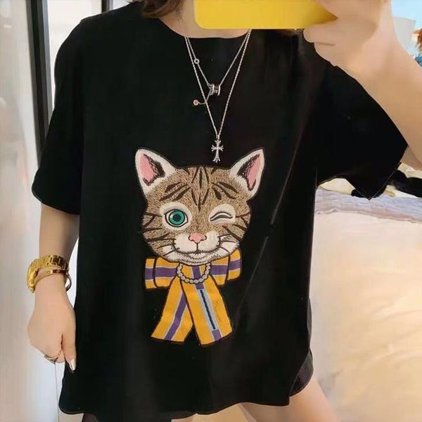 

20ss сделано в италии милый мультфильм кошка вышивка тройник мужчины женщины пары футболка лето с коротким рукавом улица скейтборд тройник h, White;black