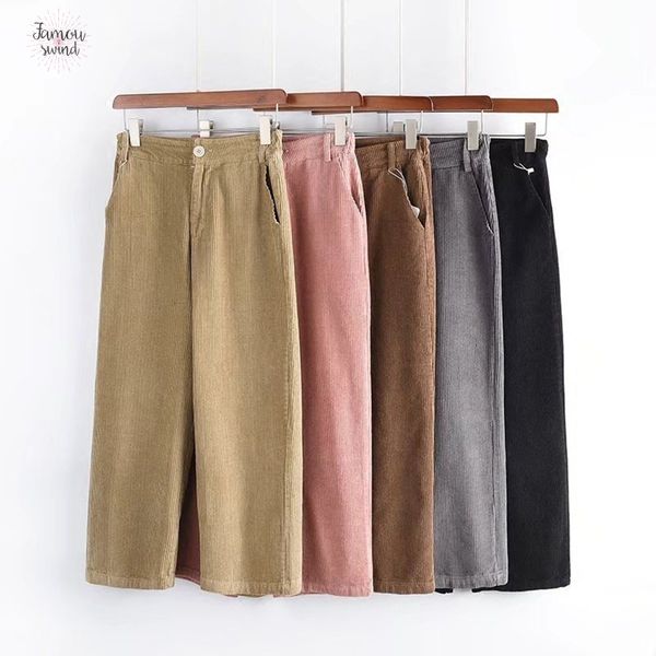 

2019 новые брюки женские женщины осень зима высокая талия широкие брюки случайные свободные вельвет обрезанные брюки, Black;white