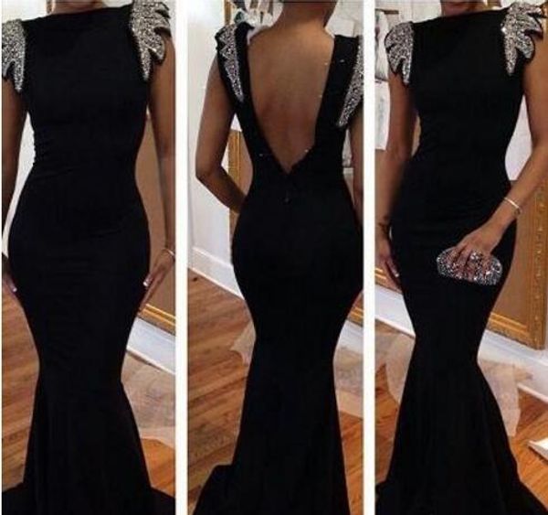 

black evening dresses mermaid capped sequins beads backless prom cocktail dress long bateau pageant evening party formal gowns, Black;red