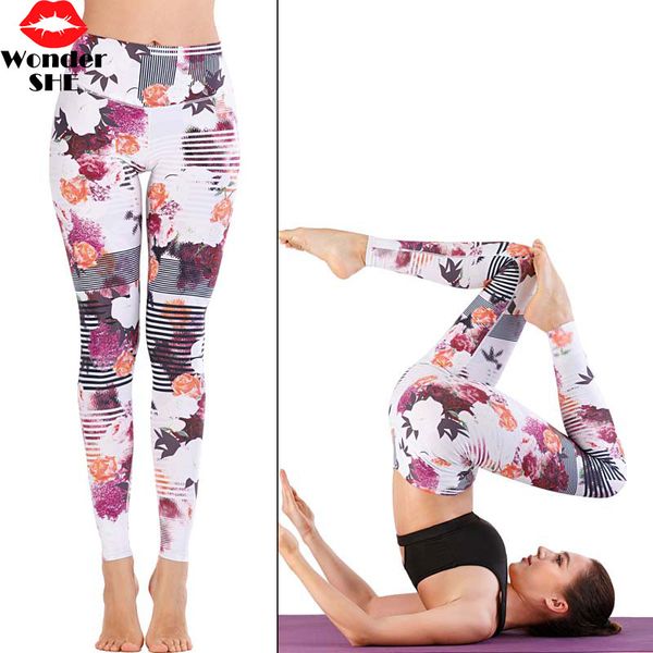 

flower printed yoga pants sport legging pants fitness wear woman gym fitness tights running trousers, White;red