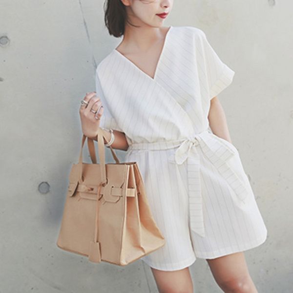 

women's jumpsuits & rompers high street women jumpsuit playsuit loose striped v-neck with sashes wide legs overalls macacao s85685, Black;white
