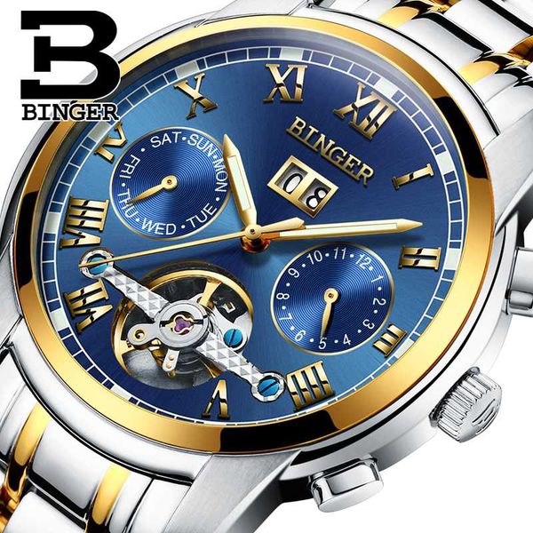 

new switzerland binger men's watch automatic mechanical sapphire luminous multi functions watches b8601, Slivery;brown