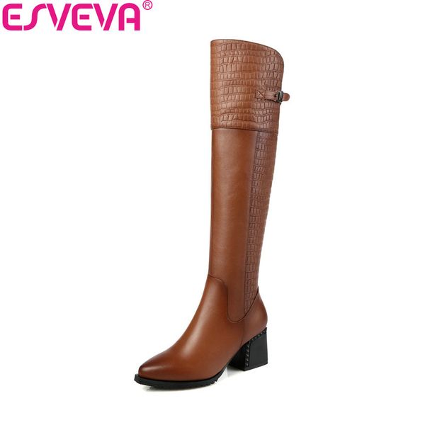 

esveva 2019 women boots zipper knee-high boots pointed toe winter square high heels pu autumn shoes ladies size 34-42, Black