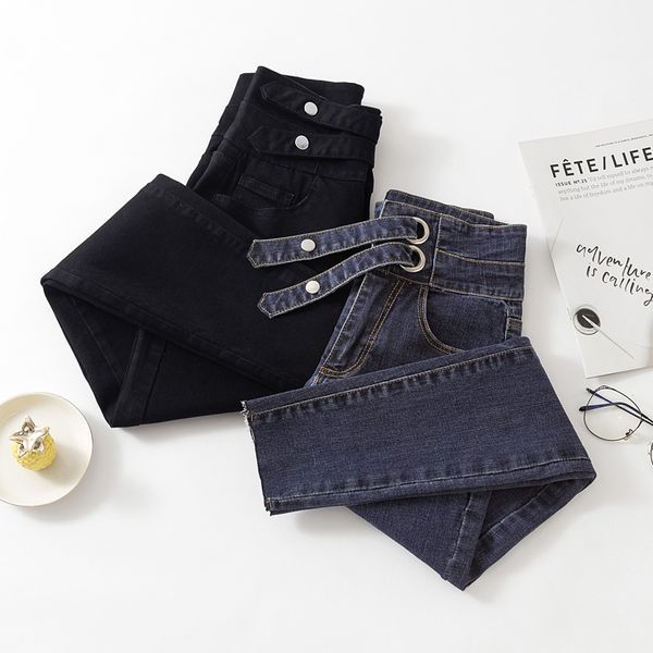 

women's jeans 2021 tight black female high waist winter cultivate one's morality show thin trousers, Blue