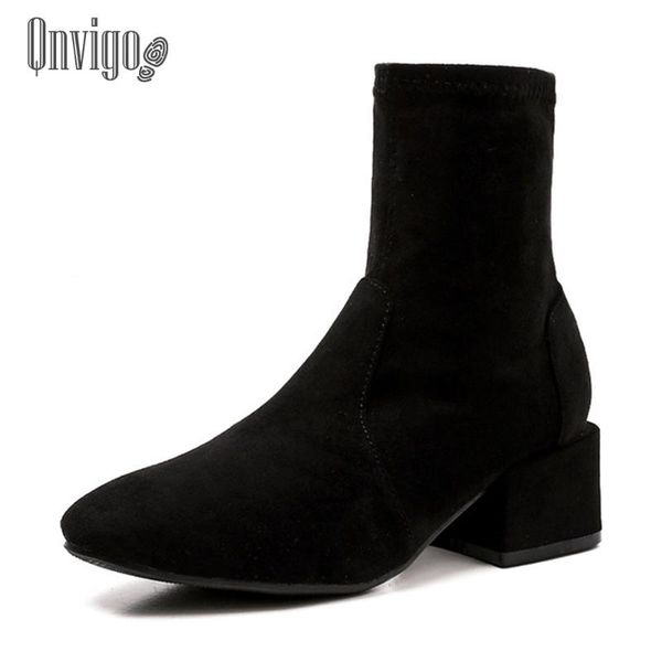 

qnvigo boots women ankle heels party sock boots fashion spring autumn stretch chunky high heels sock 2020, Black