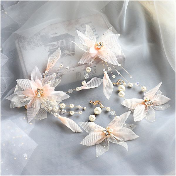 

2019 pink crepe bride headdress married mori nude hair clip beaded earrings set wedding hair accessories, Golden;white
