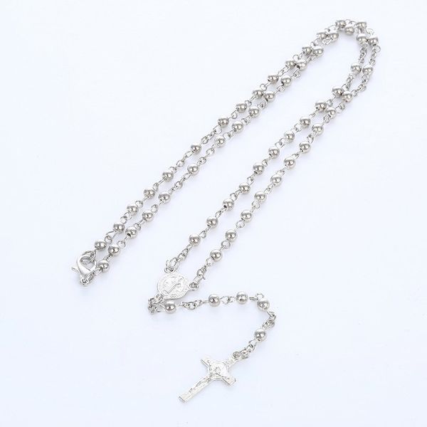 

3mm little rosary beads cross necklace jesus catholic christian religion pendnat necklace, Silver