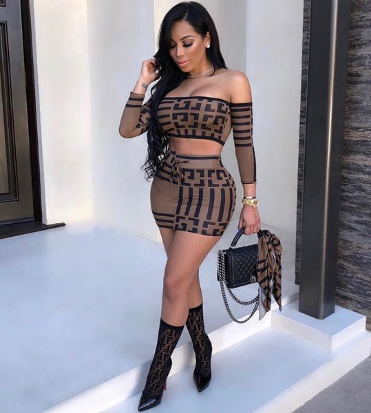 

женщины дизайнер два-piece set роскошный геометрический узор обрезанные top + юбки sexy двухкусочный платья street style одежда 2 цвета lll9, White