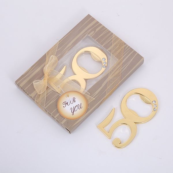 

50pcs/lot 50 anniversary gold beer bottle opener metal openers for wedding souvenirs for guests birthday party gifts favors