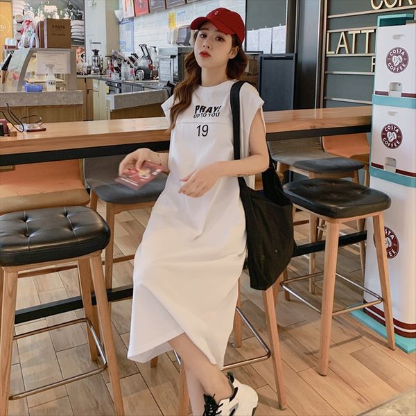 

2020 mosaic letter printing sleeveless skirt loose long dress female student 2020 mosaic letter printing sleeveless vest skirt loose long ve, White