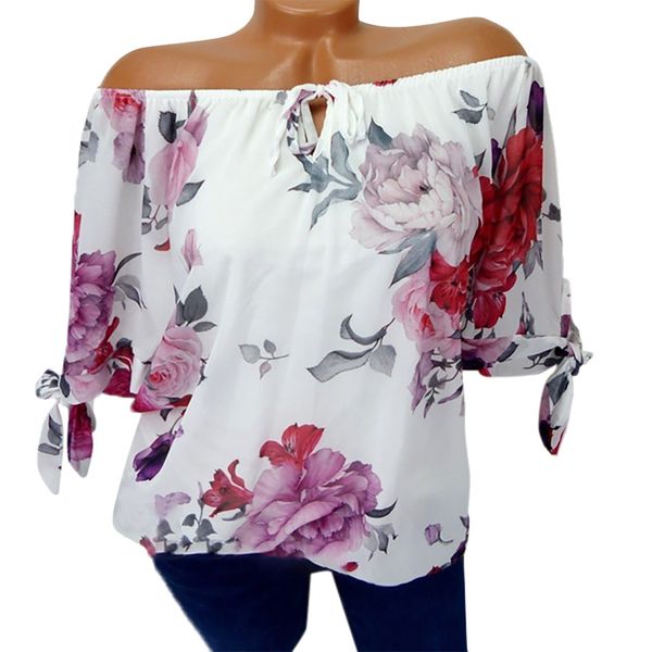 

plus size summer womens and blouses clothes 2019 vintage floral print blouse women tunic off shoulder ladies, White