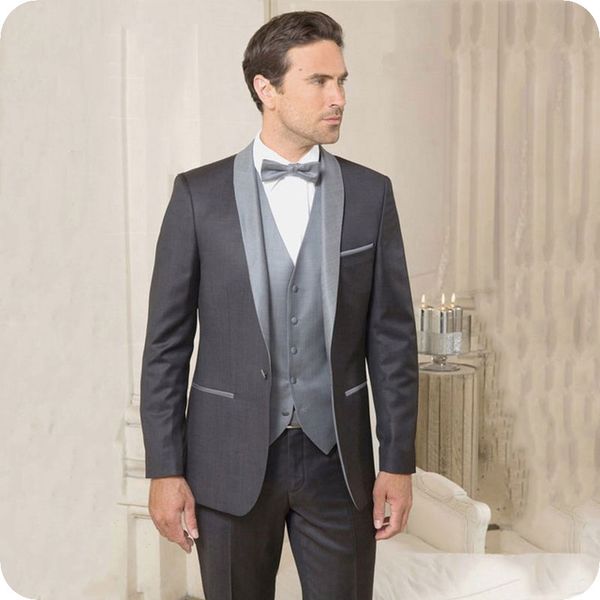 

grey groom wedding tuxedo slim fit men suits costume homme mariage 3piece jacket custom made coat pant vest shawl lapel one button party, Black;gray