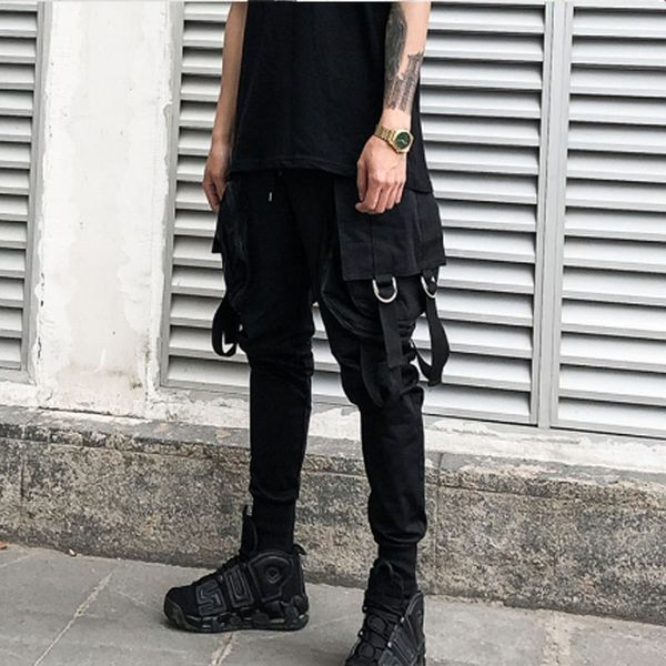 

outono inverno fitas dos homens grande bolso estilo rua hip hop carga calças dos homens preto casual corredores hiphop harem cal, Black