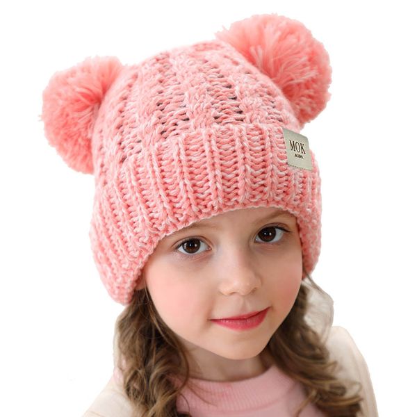 

children's hat wool knit hat 2019 autumn and winter new twist woven double ball hair ball hat boys and girls cap, Blue;gray
