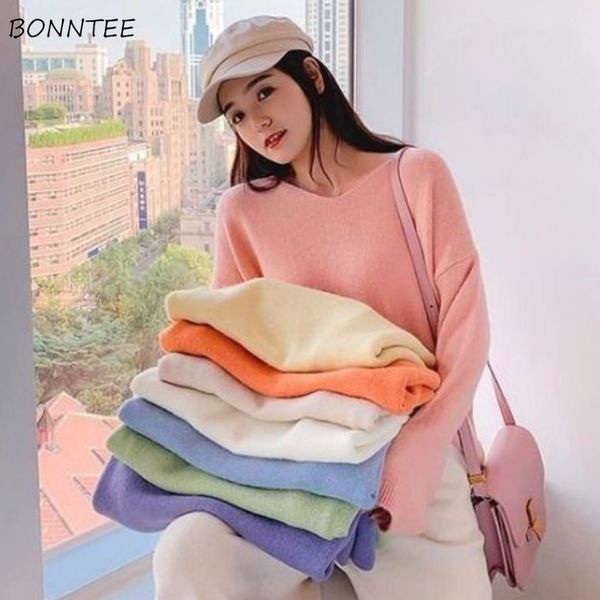 

pullovers women lazy solid v-neck elegant korean style plus size 3xl womens loose all-match sweater simple ladies chic daily, White;black