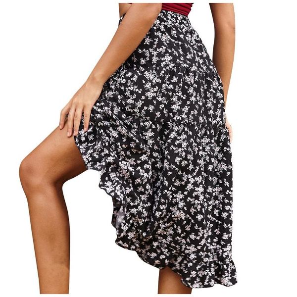 

fashion women casual skirts print ruffles a-line pleated lrregular short skirt natural knee length ladies skirts, Black