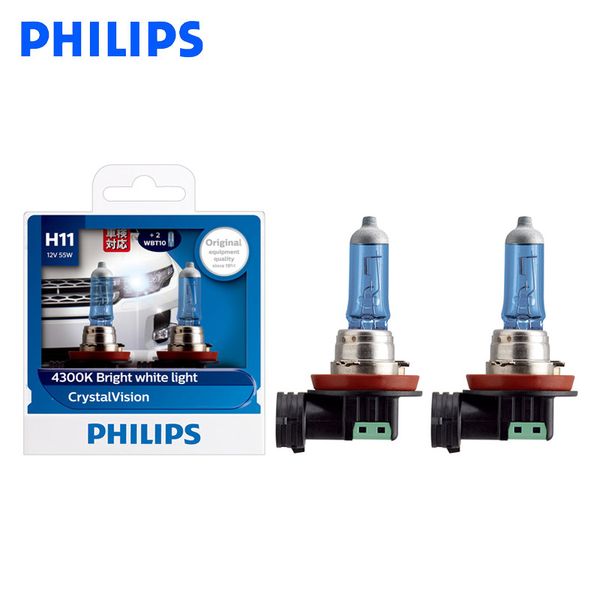 

philips h11 12v 55w crystal vision 4300k halogen bulbs bright white light car lamps stylish look uv resistant 12362cvsm, pair