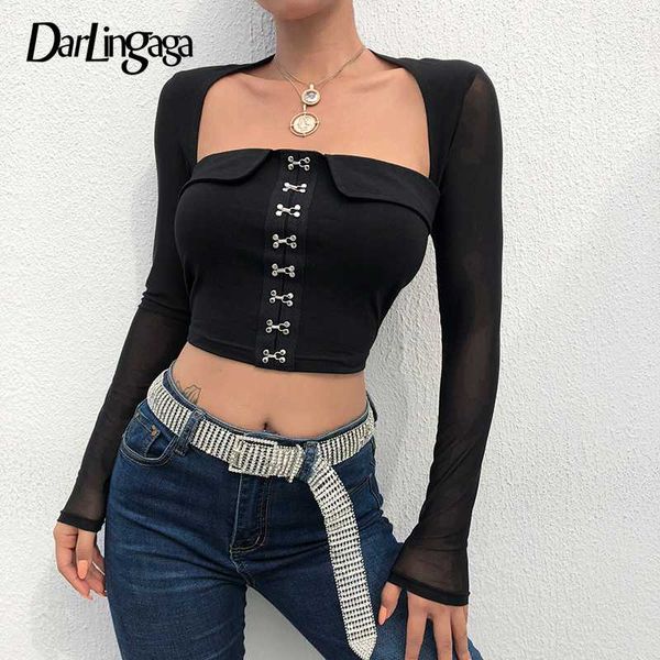 

darlingaga square neck hook black t shirt women bodycon mesh patchwork cropped gothic slim t-shirt elegant tees shirt femme, White