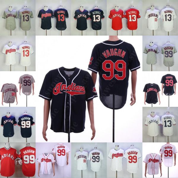 

99 Ricky Vaughn Jersey 13 Omar Vizque Cleveland NEW Indians Baseball Jerseys Home Away White Blue Red Grey Pullover