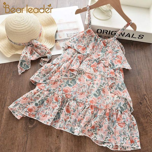

bear leader casual girls dresses summer with hat 2 piece suit children's clothes kids girls party princess print dress vestidos t200624, Red;yellow
