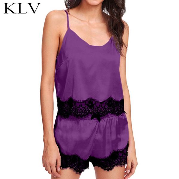

women hollow out floral lace trim faux silk two piece lingerie pajamas set deep v-neck tank bowknot shorts sleepwear, Blue;gray