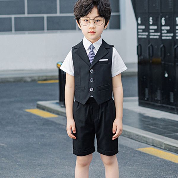 

clothing sets boys kids 4 pcs solid cotton vest & shirts shorts pants tie clothes suits children performance costume, White