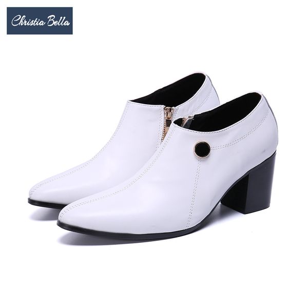 

christia bella 2019 designer white real leather men ankle boots high heels short boots male party leather shoes big size, Black
