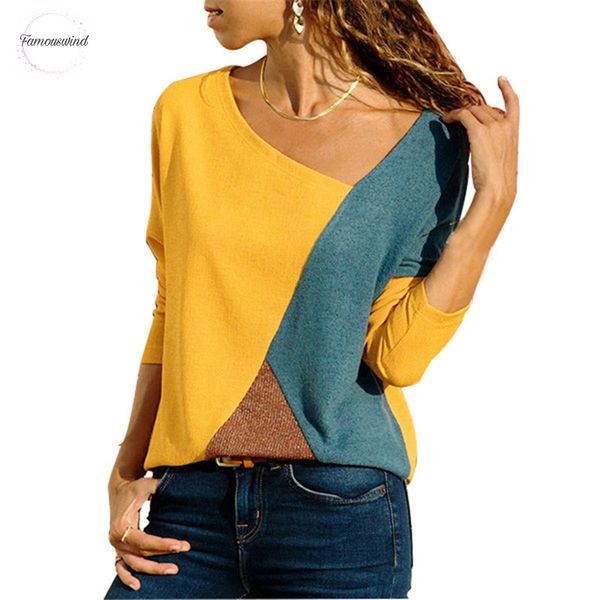 

color block patchwork t shirt women long sleeve skew collar casual shirt fashion s winter basic tees panelled 5xl, White