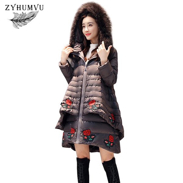 

plus size winter feather jacket women parka fashion fur collar hooded warm outwear slim long 90% white duck down coat female 773, Black
