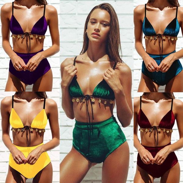 

2020 gold velvet bikini set push up bathing suit brazilian female summer beach wear high waist swimwear