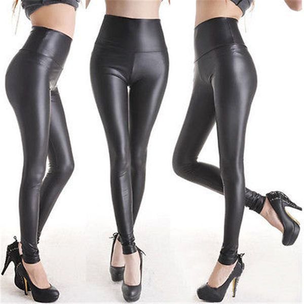 

matt look high waist stretch faux pu leather leggings women slim pants long single layer leather legging, Black