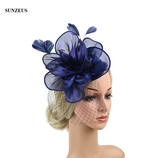 

blue organza bridal party hats with veil beautiful feathers jockey club hat 2019 tocados de novia sqn038