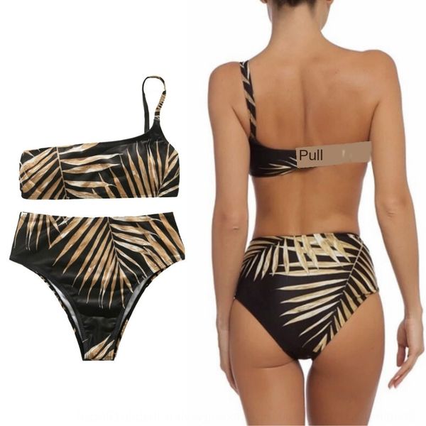 

2020 bikini swimsuit bikini split swimsuit women's golden leaf printed shoulder shoulder high waist, White;black