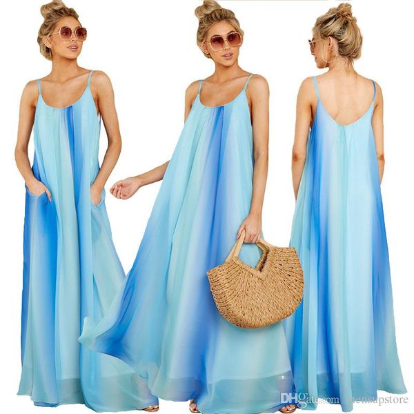 

women chiffon long dress female spaghetti strap blue beach boho dresses holiday clothing, Black;gray